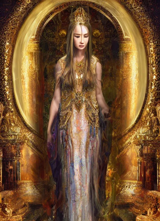 Prompt: soft focus oil painting on canvas of beautiful full body concept art, beautiful faced female priestess with shiny hair wearing full intricate clothing standing in a slimy temple, godray, intricate lighting, micro detail, cg society