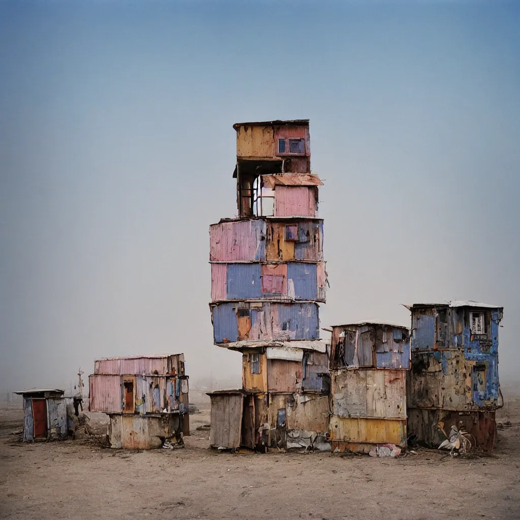 Image similar to towers made up of makeshift squatter shacks with pastel colours, plain uniform sky at the back, misty, mamiya rb 6 7, ultra sharp, very detailed, photographed by alejandro jodorowsky