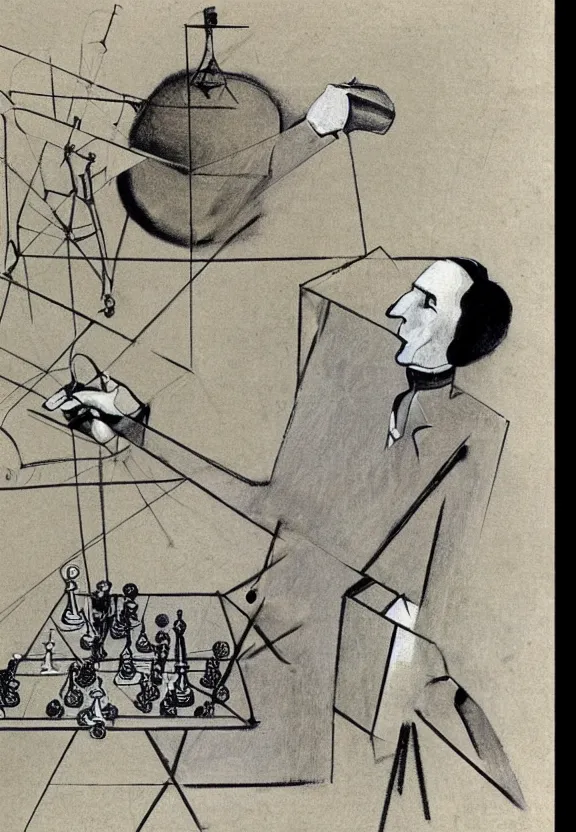 Image similar to a concept drawing of marcel duchamp holding up a chess - piece wire - machine, a surrealist painting by marcel duchamp, complex artificial - intelligence machinery, minimal sketch flow - chart, academic art, 1 9 2 0 s