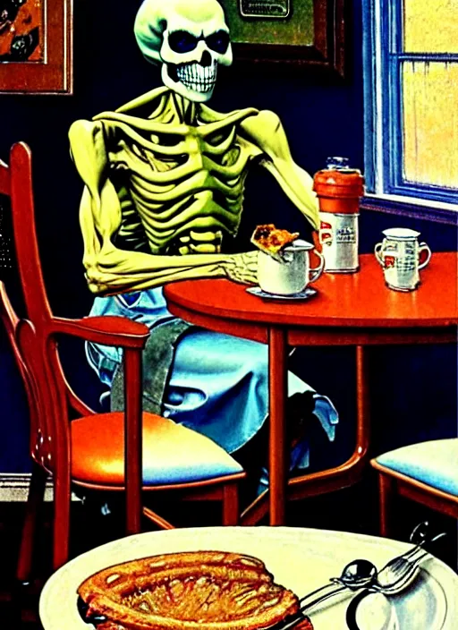 Prompt: a realistic painting of skeletor sitting at the breakfast table by norman rockwell, americana, high quality