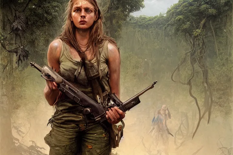 Image similar to artstation concept of a beautiful adventurous girl holding a machine pistol, sweaty skin, symmetrical face, high body detail, ripped up field fatigues, torn open shirt, jungle background with ruins, vines, hyperdetailed, artstation trending, world renowned artists, worth1000.com, cgsociety, by greg rutkowski, by Gustave Doré, by Marco Turini, by Artgerm, Deviantart in the style of Tom Bagshaw, Cedric Peyravernay, Peter Mohrbacher