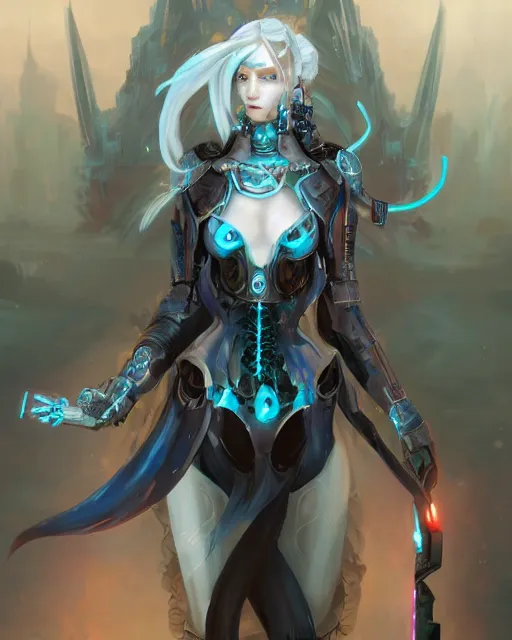 Image similar to holy cyborg necromancer girl, elegant, scifi, futuristic, utopia, garden, illustration, atmosphere, top lighting, blue eyes, white hair, focused, artstation, highly detailed, art by yuhong ding and chengwei pan and serafleur and ina wong