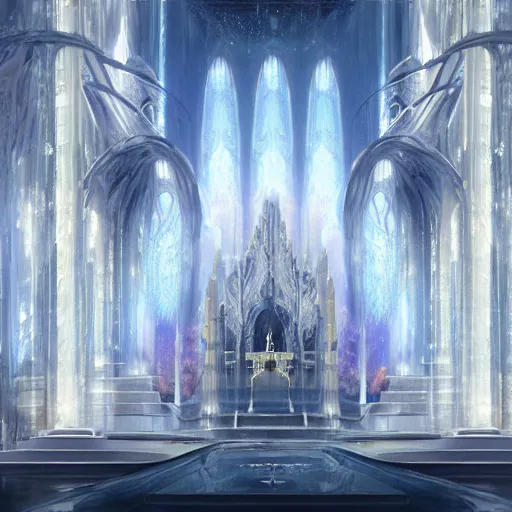 Image similar to a spiritual matte painting by feng zhu of a contemporary crystal throne room with tall banner hanging, unreal engine, ue5, concept art, wide angle, photo realistic, high detail, 4k hd wallpaper