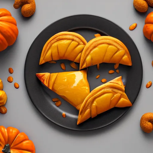 Image similar to concept art full view of a plate with three delicious turnovers with pumpkin glazing in the style of pixar and coco, octane render, cinema 4 d, isometric, farmville