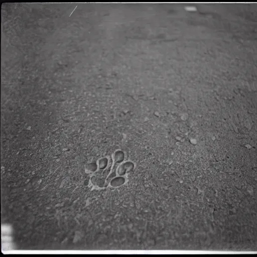 Prompt: wide-shot very low-angle eyesight first-person!! cat's paw prints on fresh cement at the street, polaroid photo, by Andy Warhol