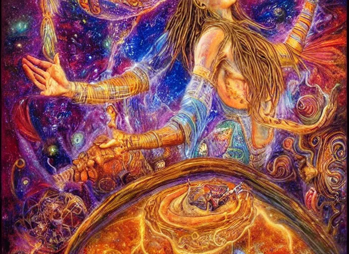 Image similar to A shaman holding up the universe, by Josephine Wall, reflection, symbolist, soft colors, dramatic lighting, smooth, sharp focus, extremely detailed, aesthetically pleasing composition