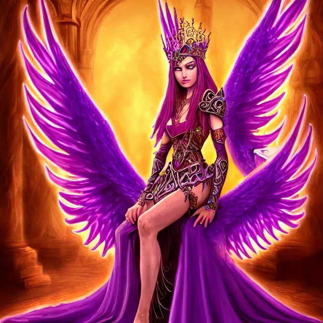 Image similar to Princess sorceress with red flaming bird wings on her back and sitting on an ornate throne dressed in a fancy purple dress, beautiful realistic symmetrical defined face, anatomically correct, Fantasy, Full Portrait, High detail, realistic, planeswalker