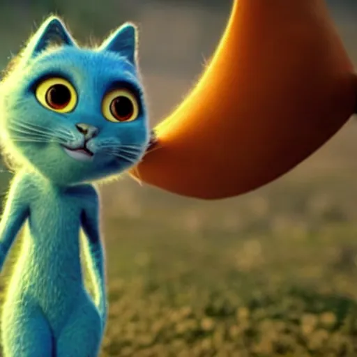 Image similar to a cinematic fill still from a 2015 Pixar movie where anthropomorphic cats battle against aliens, in the style of Pixar, shallow depth of focus