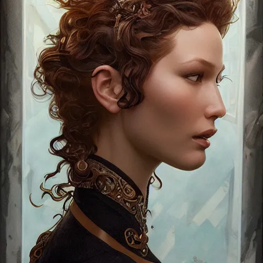 Image similar to ultra realistic illustration, bella hadid wearing a curly english mustache, intricate, elegant, highly detailed, digital painting, artstation, concept art, smooth, sharp focus, illustration, art by artgerm and greg rutkowski and alphonse mucha