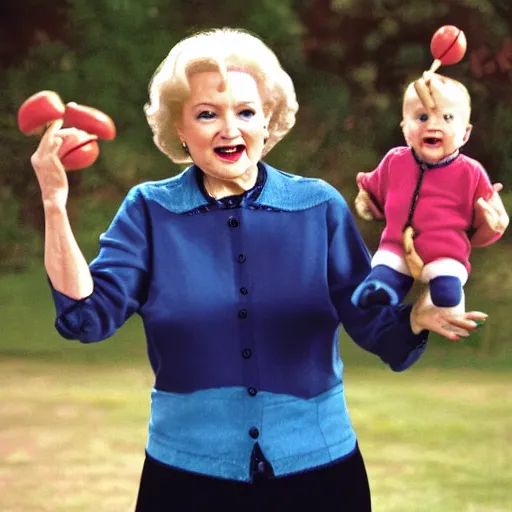 Prompt: betty white juggling babies