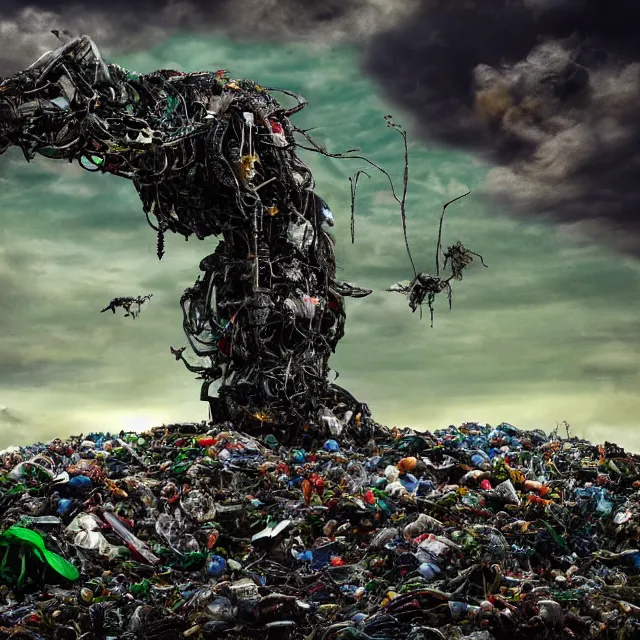 Prompt: a machine made of rubbish with long arms devours other rubbish and creatures in a giant rubbish heap full of strange and terrifying creatures, under a dark green sky in the distance, bones, corpses, monsters, hell, distorted, creepy, by dan seagrave, cinematic photography, cinematic, ue 5, realistic, sci - fi