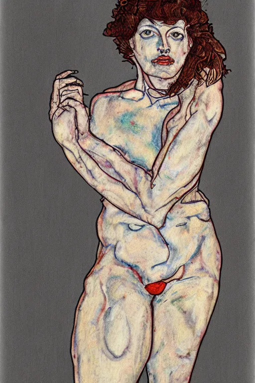 Image similar to a full body character in style of egon schiele and heracut, masterpiece, hyperdetailed, complex, intricate, veiled, 8 k, 4 k, dynamic!!, distorted pose!!, trending on artstation,