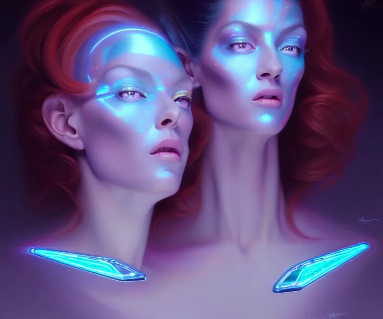 Prompt: beauty woman with detailed faces, in holograms of alien artifacts, electrical case display, total recall tech, , ultrarealistic, dramatic lighting, electrical details, high details, 4k, 8k, best, accurate, trending on artstation, artstation, photorealism, ultrarealistic, digital painting, style of Peter Mohrbacher, Caravaggio, Boris Vallejo