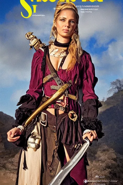 Image similar to a swashbuckling woman pirate portrait in national geographic, her clothing is sheer and futuristic, her skin color is iridescent