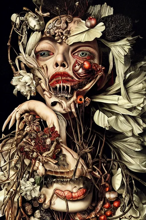 Image similar to Detailed maximalist portrait with large lips and eyes, expressive, botanical skeletal with extra flesh, HD mixed media, 3D collage, highly detailed and intricate, surreal illustration in the style of Caravaggio, dark art, baroque