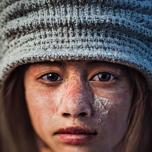 Prompt: close - up portrait of a human, extremely flaky skin, photograph, 8 0 mm focus, extremely detailed, ambiance