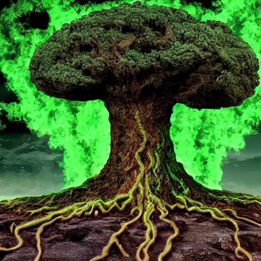 Image similar to giant tree of life being consumed by green lava