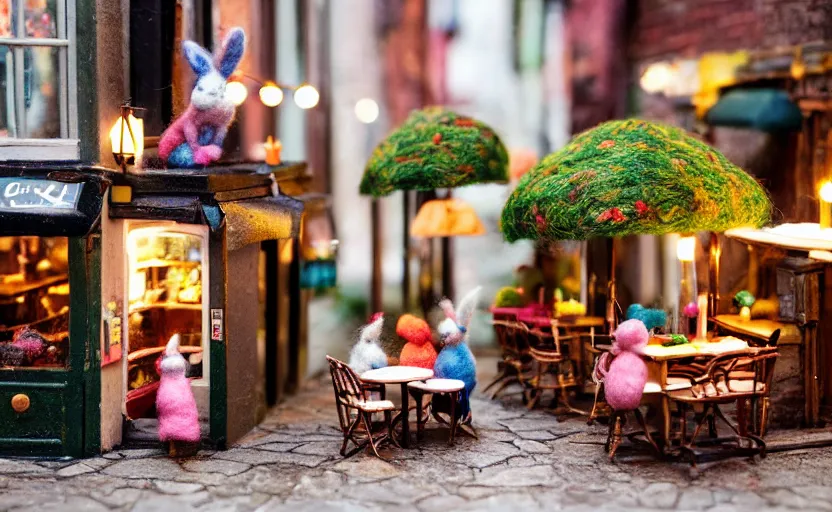 Prompt: miniature cafe diorama macro photography, cafe with felted bunnies on a date, alleyway, ambient, atmospheric, british, cozy, bokeh, romantic, colorful lanterns