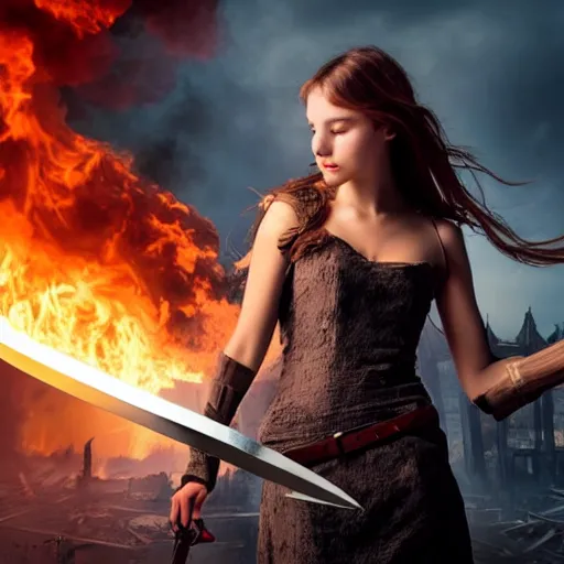 Prompt: a beautiful girl with a beautiful face in a torn dress holding a sword against the background of a burning city, finale fantasy