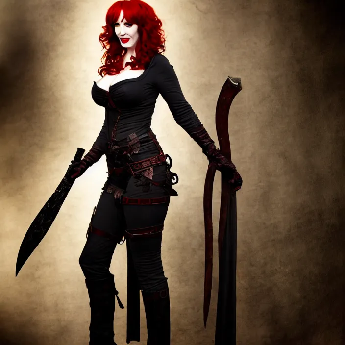 Prompt: full length photograph of a real-life christina hendricks as a vampire warrior, Extremely detailed. 8k