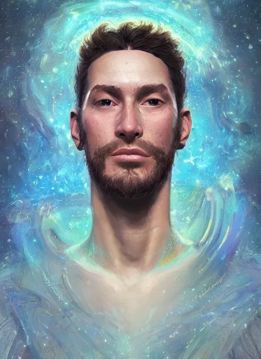 Image similar to masterpiece portrait of a cosmic man, au naturel, hyper detailed, digital art, trending in artstation, cinematic lighting, studio quality, smooth render, unreal engine 5 rendered, octane rendered, art style by klimt and nixeu and ian sprigger and wlop and krenz cushart and riot and overwatch