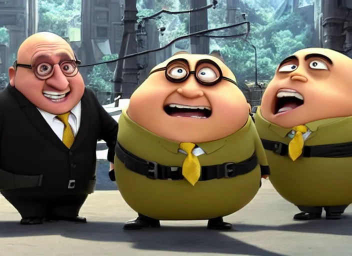 Image similar to Danny DeVito cast as Gru with his minions, still from Despicable Me 2010