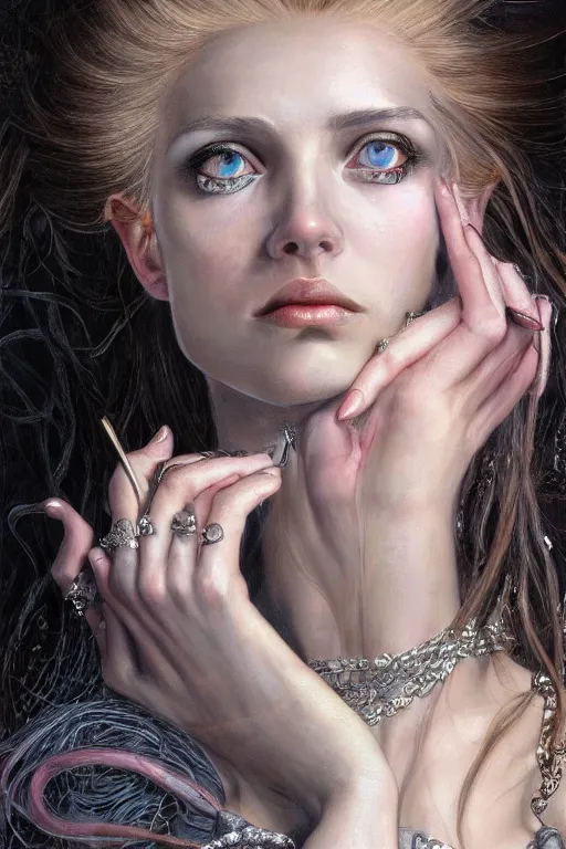 Image similar to high quality extremely detailed closeup portrait of a young attractive female necromancer looking away from the camera, dressed, realistic eyes, sparkle in eyes, no hands visible, fantasy, d & d, intricate, painting by lucian freud and mark brooks, hd