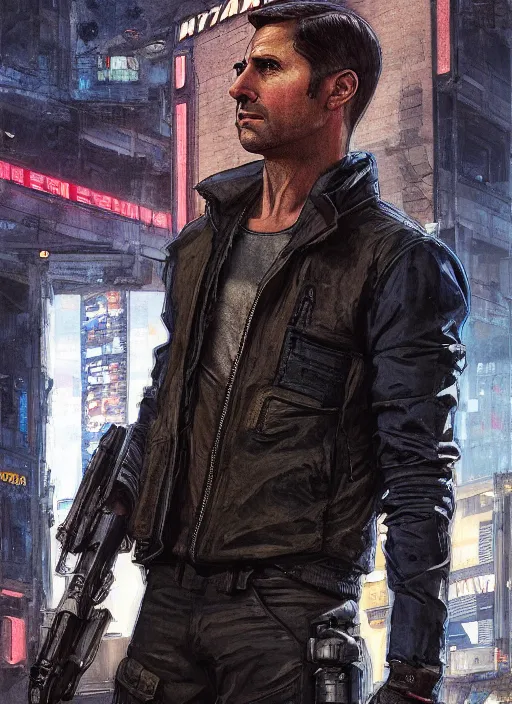 Prompt: sterling archer. cyberpunk mercenary in a military vest ( blade runner 2 0 4 9, cyberpunk 2 0 7 7 ). orientalist portrait by john william waterhouse and james gurney and theodore ralli and nasreddine dinet, oil on canvas. cinematic, hyper realism, realistic proportions, dramatic lighting, high detail 4 k