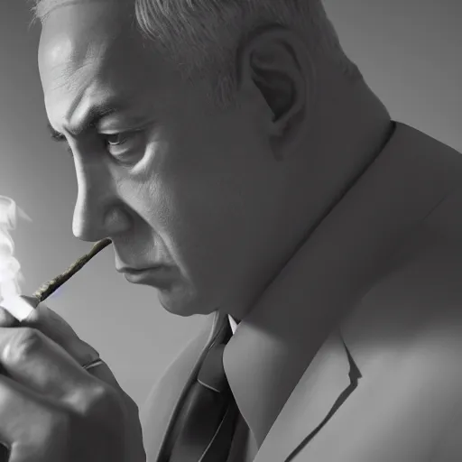 Prompt: a portrait of benjamin netanyahu as an advanced cyborg smoking a cigar, smoke in background, grainy, dramatic lighting, octane render, neutral colors, sharp, 4 k