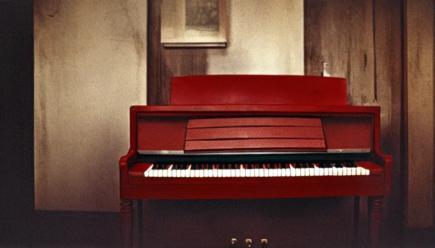 Prompt: 7 0 s film still from a horror movie about an old piano, kodachrome, cinecolor, cinestill, film grain, film texture, retro, cinematic, high resolution, photorealism,