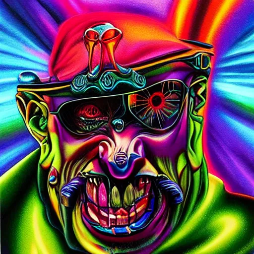 Image similar to psychedelic airbrush art of an orc driving a motorcycle