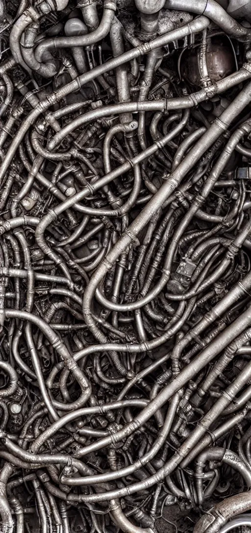 Prompt: an infinitely complex network of old rusty pipes and valves, hr giger style,