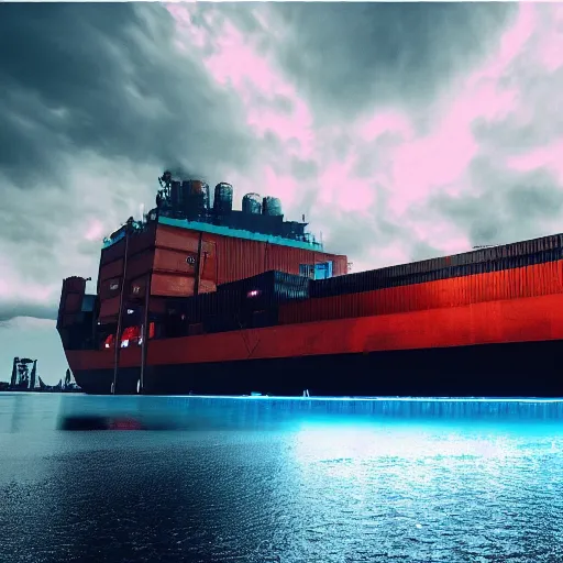 Image similar to photo of Immense industrial futuristic cargo ship arrives at cyber punk city sea port, cinematic lighting, photo