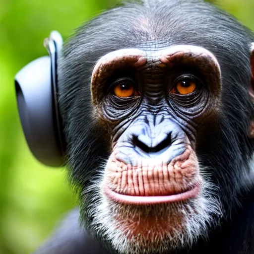 Image similar to a chimpanzee with a pensive look, wearing headphones