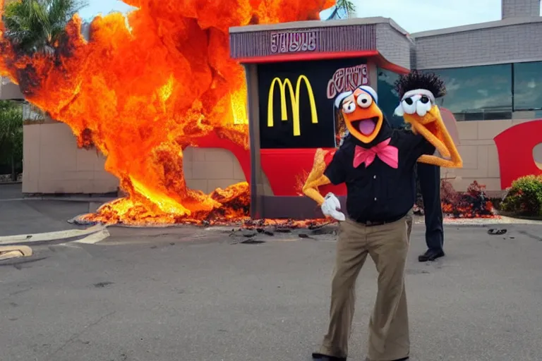 Prompt: Gonzo from the Muppets posing for a photo in front of a McDonalds covered in fire and flames