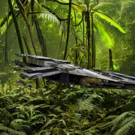 Prompt: a crashed x-wing fighter in the dense jungle, detailed 8k photography