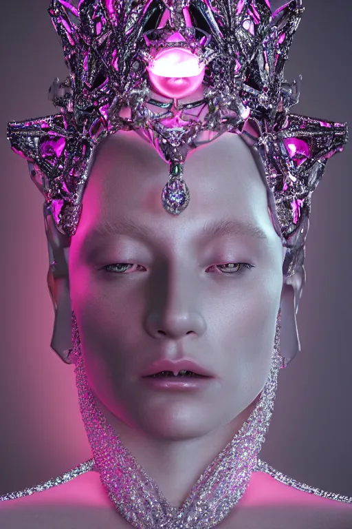 Prompt: hyper detailed ultra sharp portrait of baroque and bladerunner delicate glowing diamond sculpture of seductive muscular albino young king, pink diamond black metallic sphinx iridescent humanoid deity wearing black cloak holding a prismatic gem, glowing pink face, crown of white diamonds, cinematic lighting, photorealistic, octane render 8 k depth of field 3 d