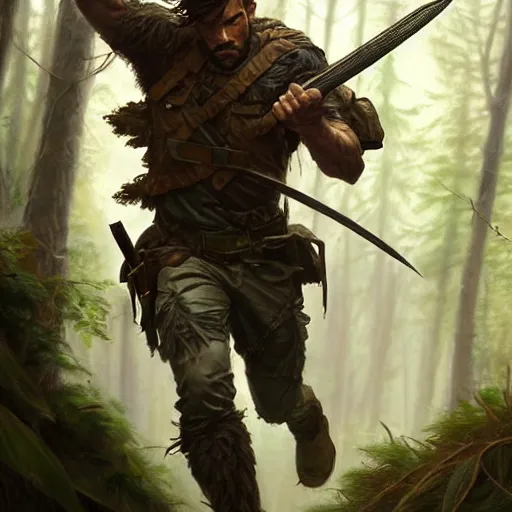 Prompt: Rugged male ranger running through the forest, masculine, D&D, muscular, fantasy, intricate, elegant, highly detailed, digital painting, artstation, concept art, smooth, sharp focus, illustration, art by artgerm and greg rutkowski and alphonse mucha