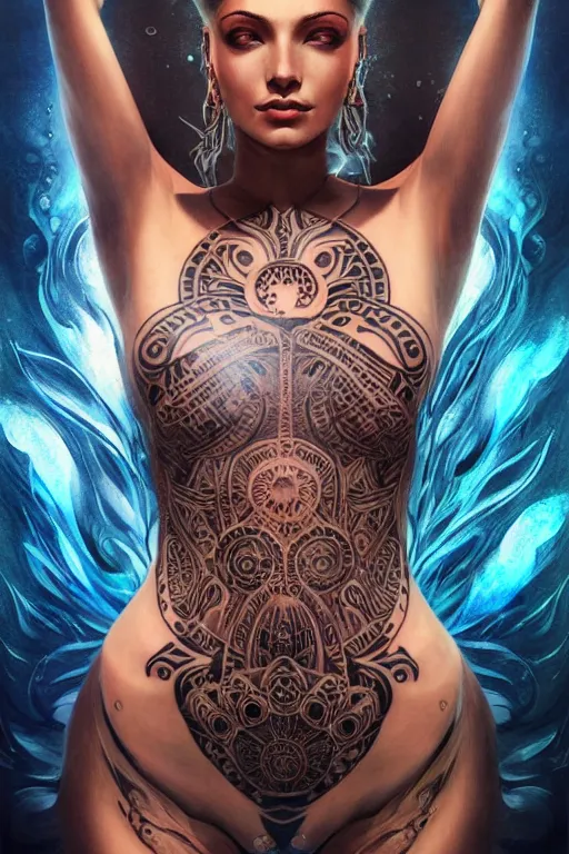 Prompt: a centered full body render of an alluring futuristic goddess with tribal tattoos surrounded by a underwater ink pour and flowing liquid gallium and sacred geometry, perfect body and face, powerful, cinematic, beautifully lit, by artgerm, by karol bak, 3 d, trending on artstation, octane render, 8 k