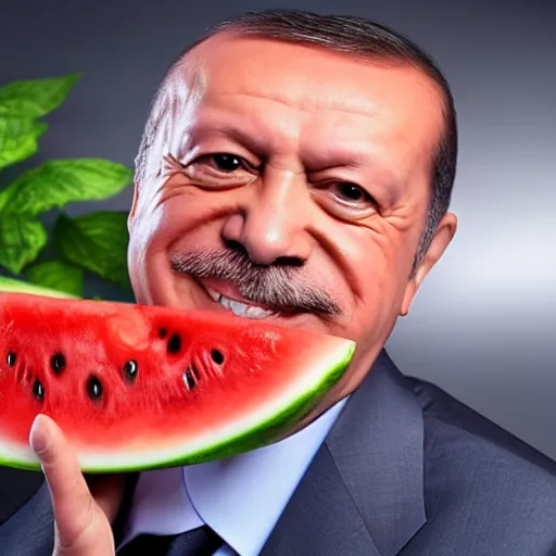 Image similar to recep tayyip erdogan smiling holding watermelon, studio photograph, hd, studio