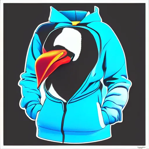 Image similar to penguin in hoody, portrait, vaporwave, synthwave, neon, vector graphics, cinematic, volumetric lighting, f 8 aperture, cinematic eastman 5 3 8 4 film, photorealistic