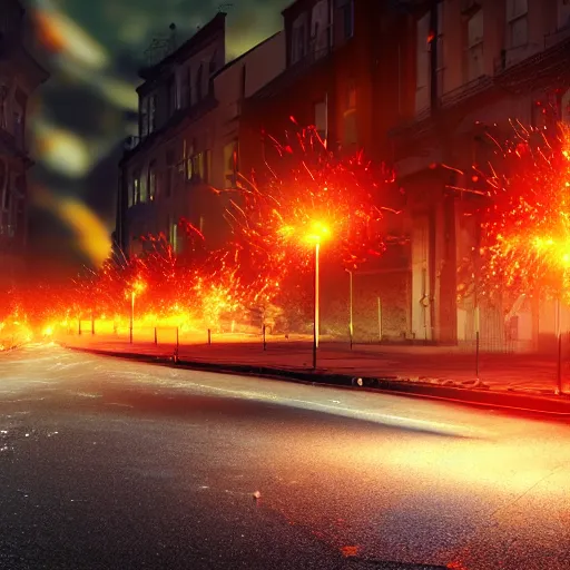 Prompt: Exploding fiery street lights in a city landscape, with burning buildings, glowing embers, photorealistic, 8K