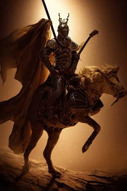 Image similar to the king in the desert, Medieval Warrior fighting in a dark scene, detailed scene, standing in a heroid figure, Armour and Crown, highly detailed, blood and dust in the air, action scene, cinematic lighting, dramatic lighting, trending on artstation, elegant, intricate, character design, motion and action and tragedy, fantasy, D&D, highly detailed, digital painting, concept art