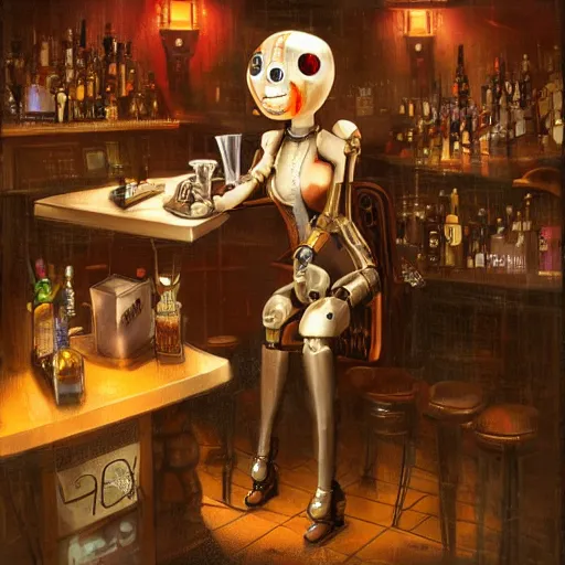 Prompt: a steampunk cyberpunk robot is at the bar and orders a drink from a TY beanie baby puppy (fluffy), cgsociety, old master.