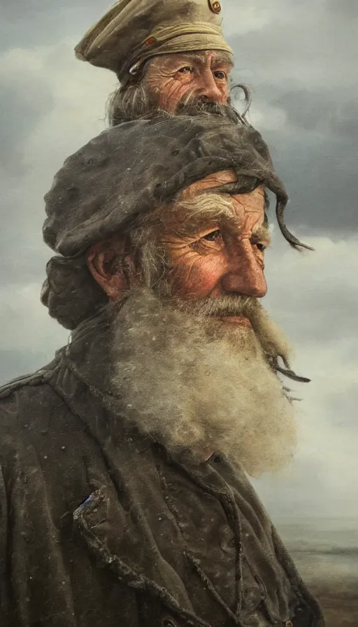 Image similar to Striking portrait of an old weathered sea captain during a storm, oil on canvas, by Richard Foster, by David Cobley, by Anastasia Pollard, highly detailed, dramatic lighting