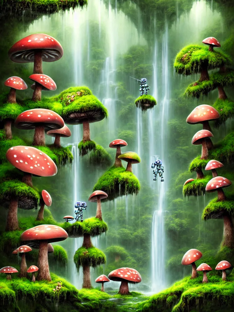 Image similar to future robot android primate in forrest of giant mushrooms, moss and flowers stone bridge waterfall. muted colors. by jean james mccarthy. by tim white. in the style of raffaello ossola. highly detailed. award winning. trending on artstation