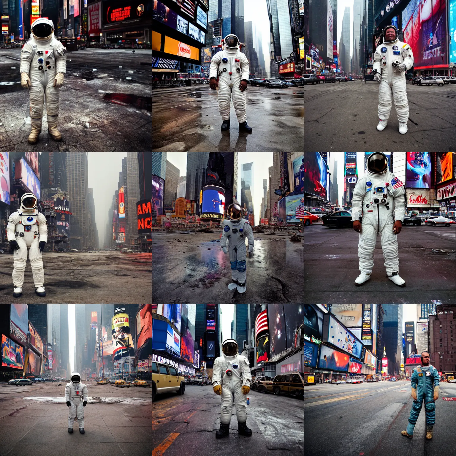 Prompt: american white spacesuit astronaut in postapocalyptic abandoned times square, overcast, by steve mccurry, by nasa