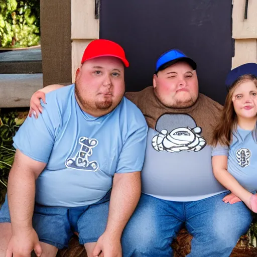 Prompt: very obese man with a t-shirt and a cap with the letter P, with his brunette wife and two daughters