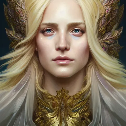 Image similar to portrait painting of a beautiful blonde lady with a kind face wearing a feathered cloak and a fancy dress, ultra realistic, concept art, intricate details, eerie, highly detailed, photorealistic, octane render, 8 k, unreal engine. art by artgerm and greg rutkowski and charlie bowater and magali villeneuve and alphonse mucha