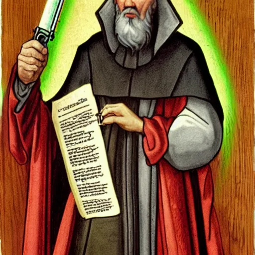 Prompt: the theologian John Calvin holding a lightsaber